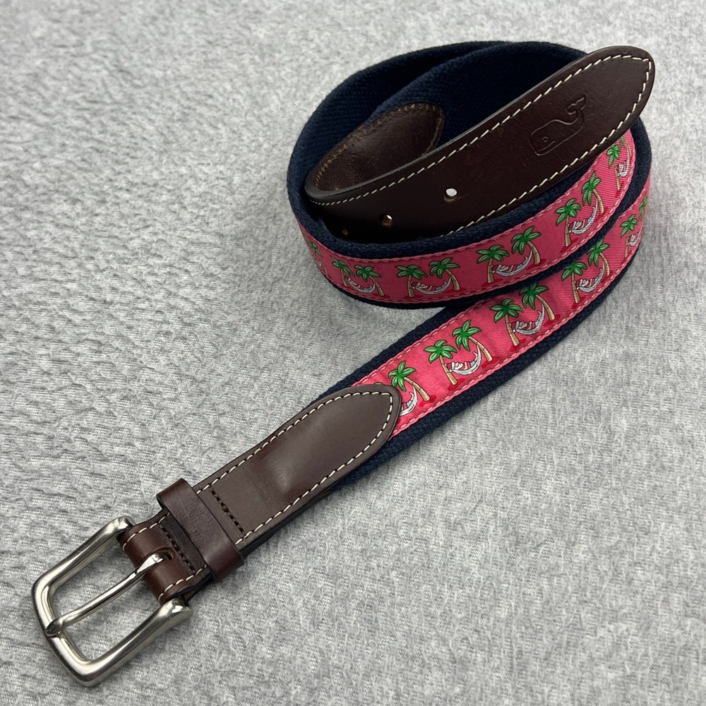 Vineyard Vines Belt Mens 36 Pink Palm Tree Santa Hammock Buckle Leather Holiday